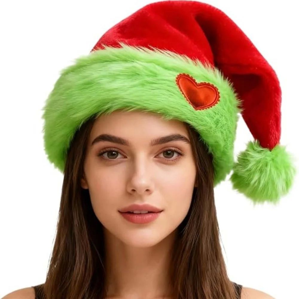 Plush Christmas Cap  Red Santa Hat Green Fur Brim Hat Lightw
