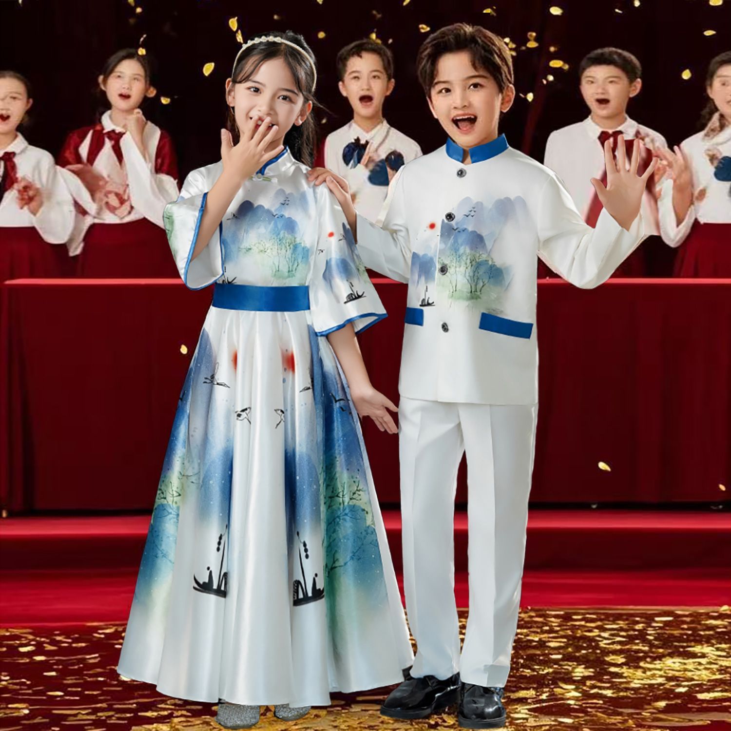 儿童合唱服演出服中国风中小学生合唱团诗歌朗诵大合唱主持人礼服