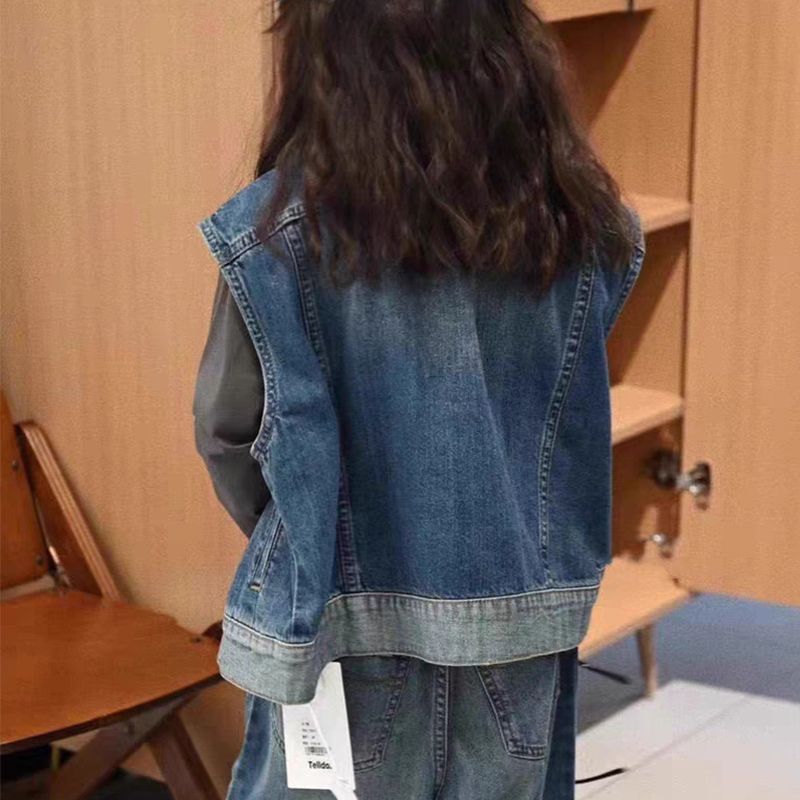 女童新款春秋韩版厚款蓝色纯色单排扣牛仔马甲时髦潮范大童背心坎