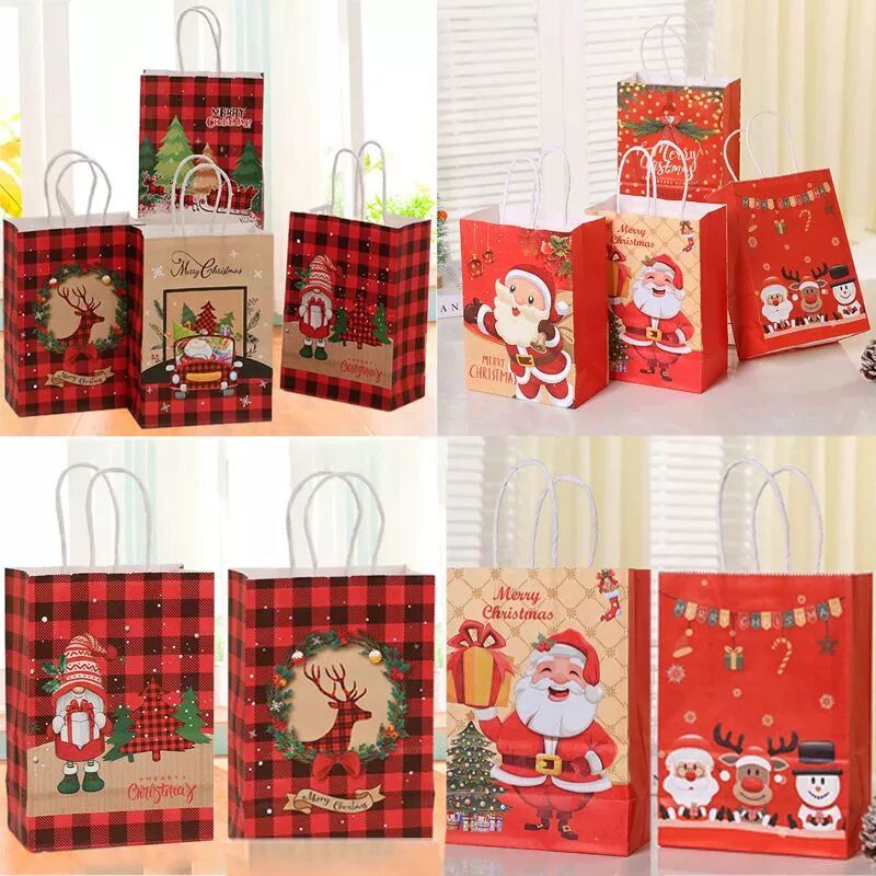 4/8/12pcs Christmas Kraft Paper Handbags Xmas Holiday Gift B