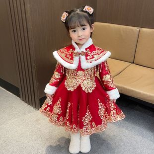 拜年服女童冬季过年服唐装宝宝周岁礼服中国风冬装儿童汉服连衣裙