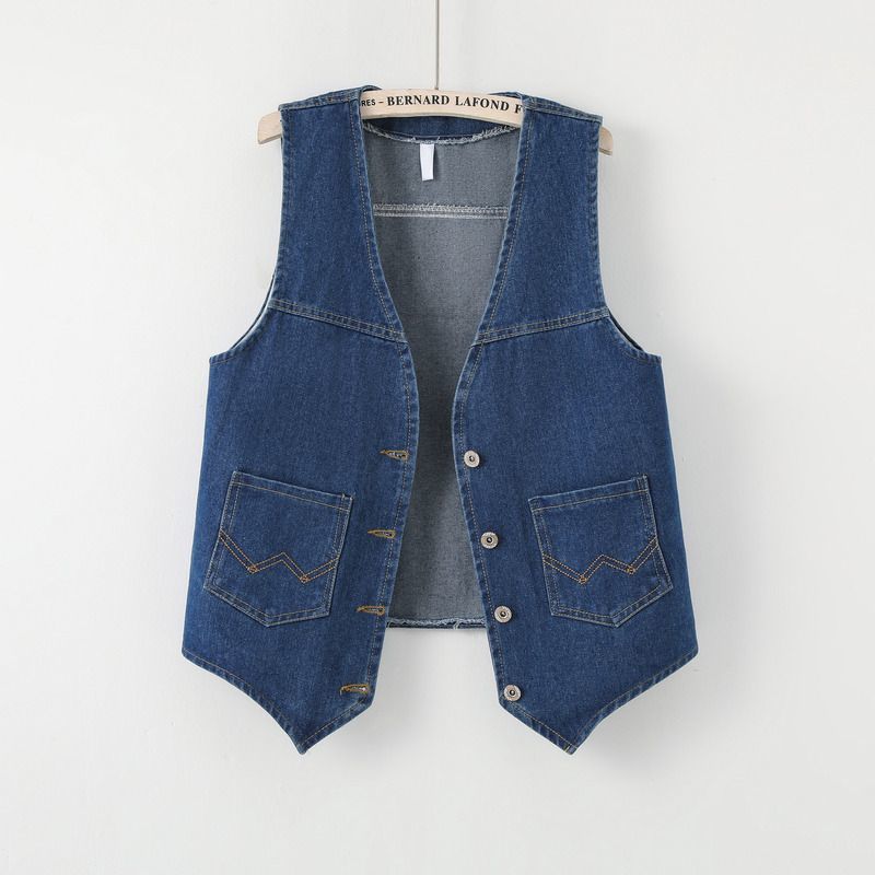 短款牛仔马甲女春夏外搭v领小坎肩日系复古无袖叠穿开衫背心外套