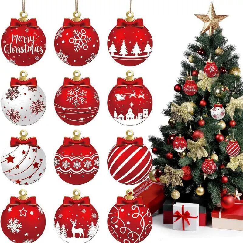 12PCS Red White Wooden Christmas Ball Ornaments Elk Snowflak
