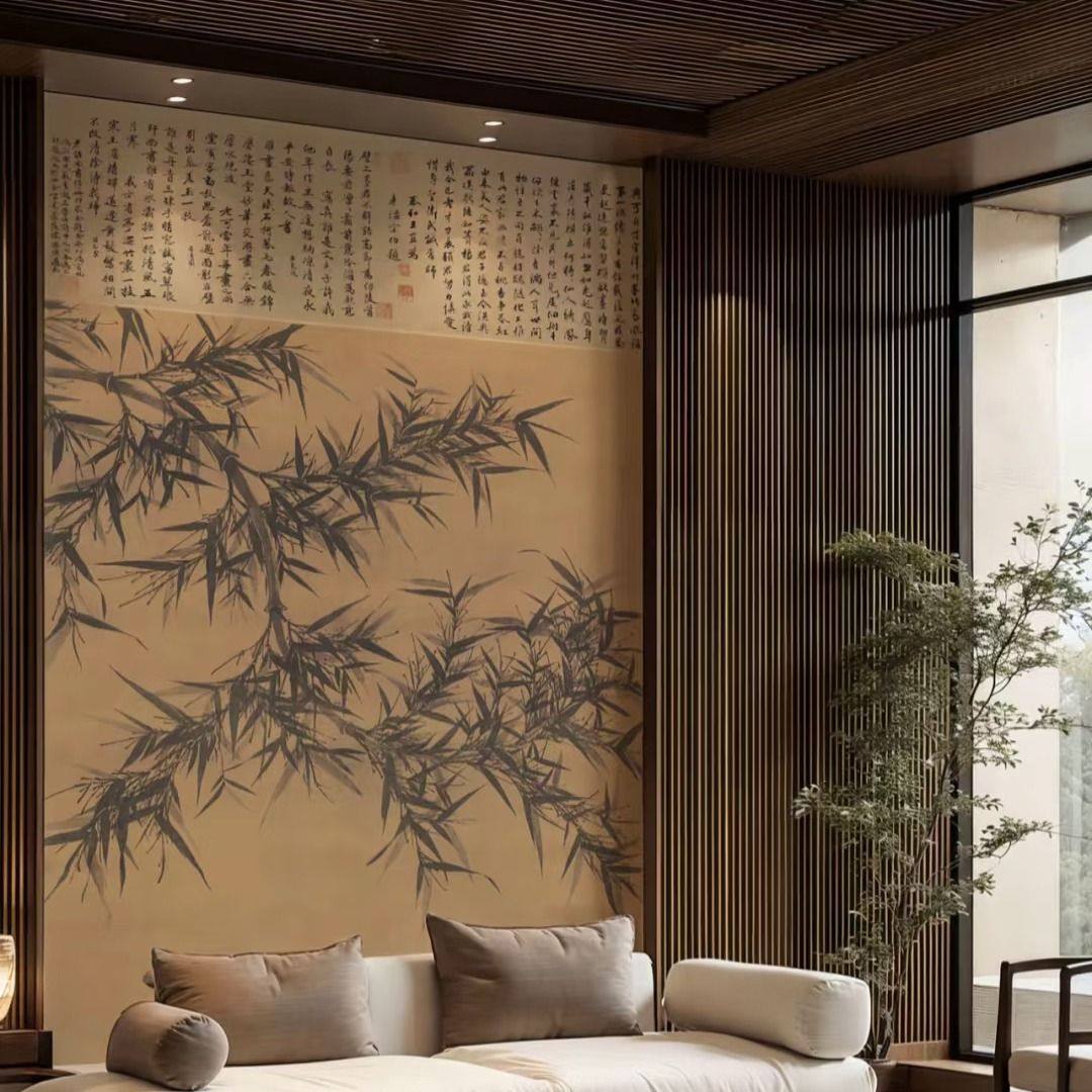 中式淡雅水墨竹子墙纸宋代美学中国古风色调墙纸复古茶室饭店墙布,全屋定制,定制背景墙,淘宝优惠券,粉丝福利购,淘宝优惠卷
