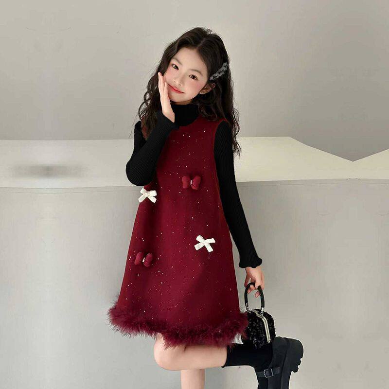 女童红色连衣裙秋冬季2025新款女孩拜年服儿童超好看加绒裙子套装