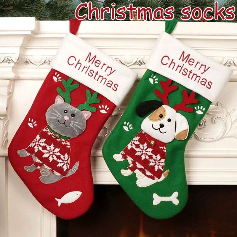 1PC Christmas Socks Cute Cartoon Cat and Dog Socks Gift Bags