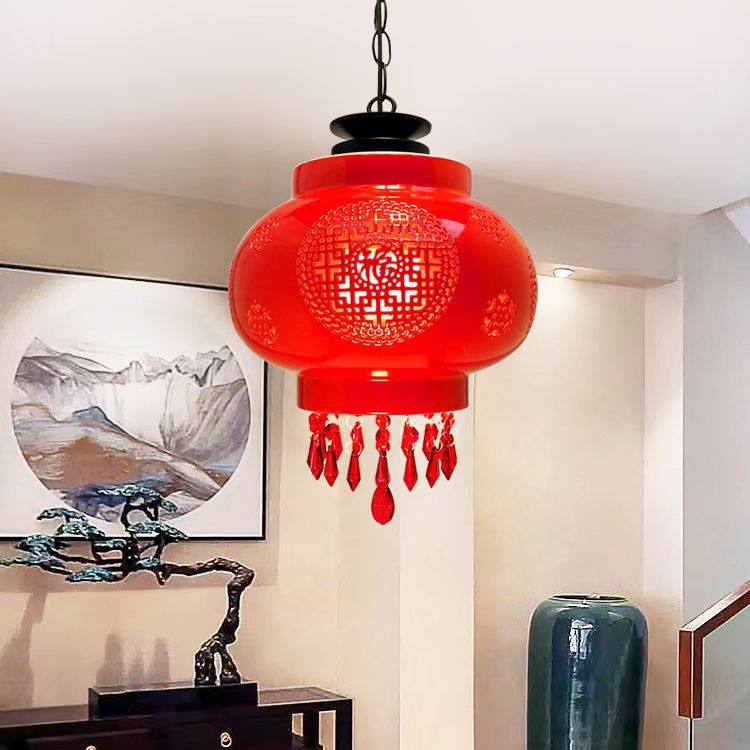 阳台过道灯红灯笼中国风陶瓷乔迁大门吊灯客厅玄关入户走廊吸顶灯