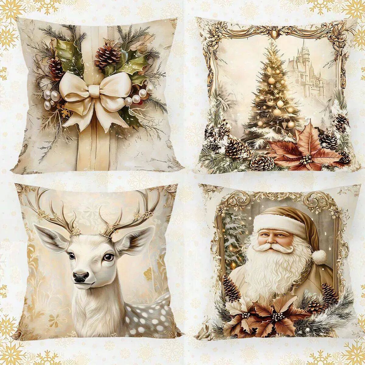 4pcs Gold Christmas Santa Reindeer Throw Pillow  Xmas Orname