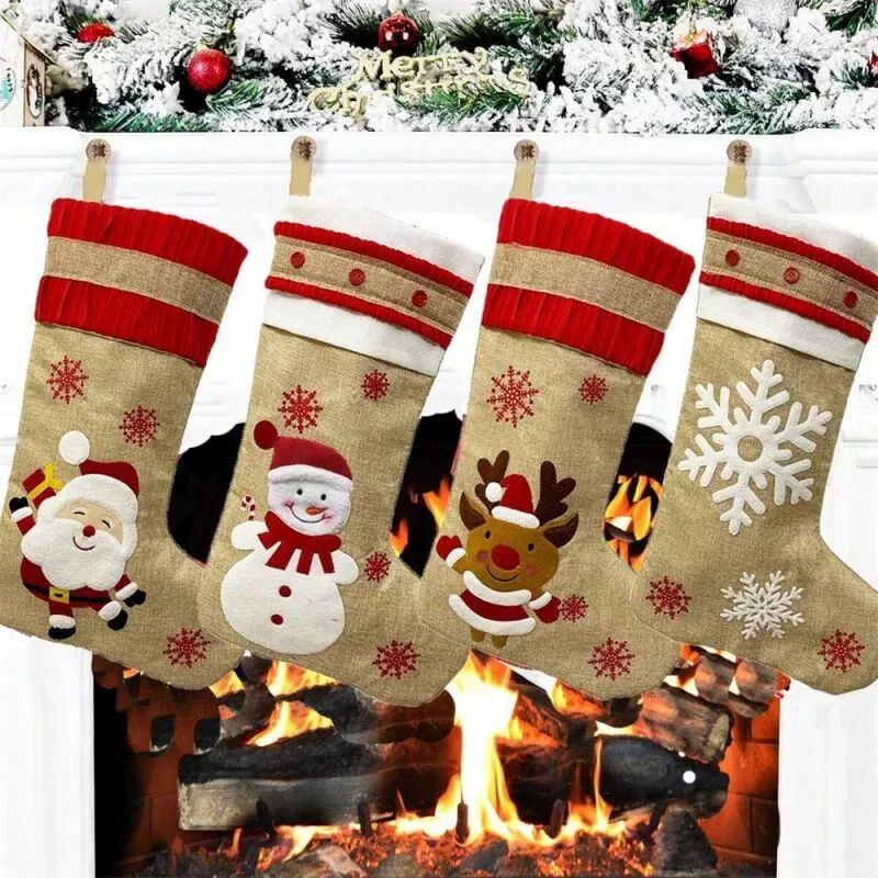 Christmas Linen Stocking Country Style Snowman Reindeer Chr