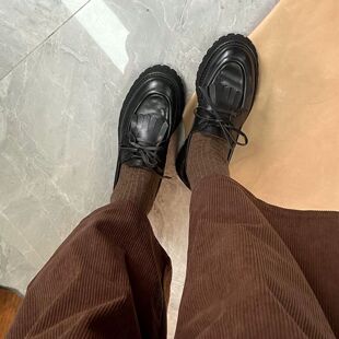 黑色流苏小皮鞋厚底系带松糕鞋女款圆头通勤小个子软底乐福鞋休闲