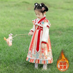 女童汉服秋冬装新款中国风拜年服宝宝加绒加厚唐装过年古装连衣裙