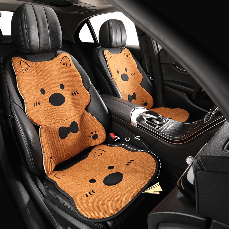 透气棉麻汽车坐垫四季通用西高地可爱女生卡通风格座椅套五座垫