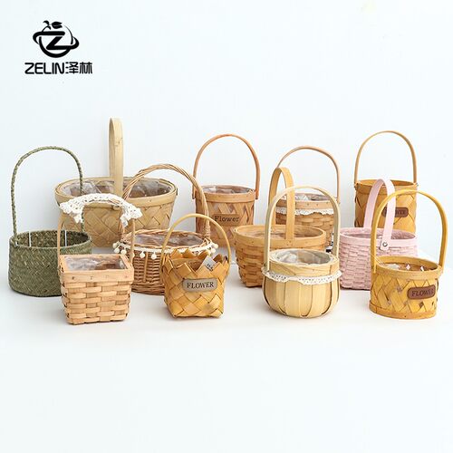 纯天然手工竹编手提花篮 客厅装饰小摆件 田园风木质防水花艺篮子