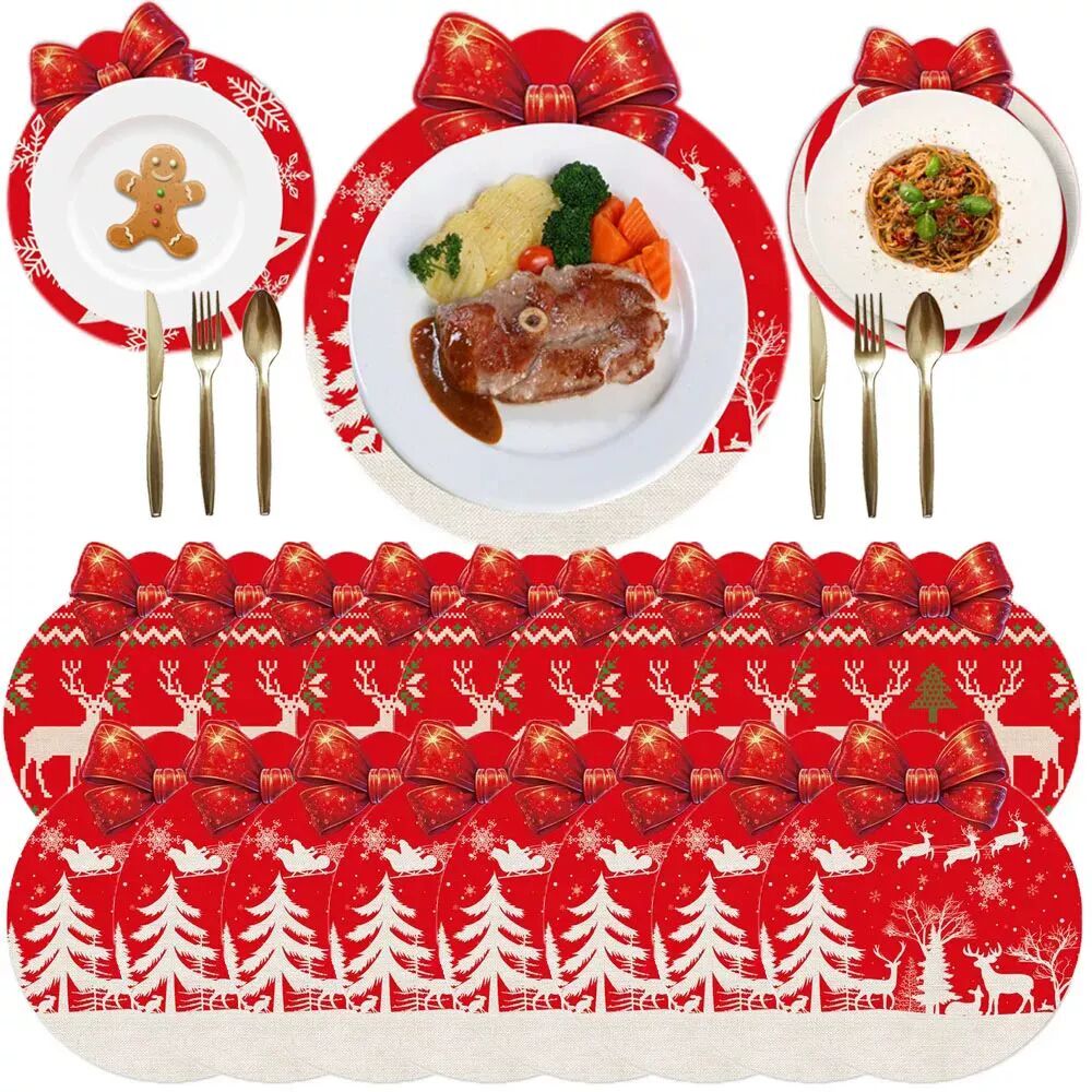6/12/24pcs Christmas Party Placemat Red Color Snowflakes Elk
