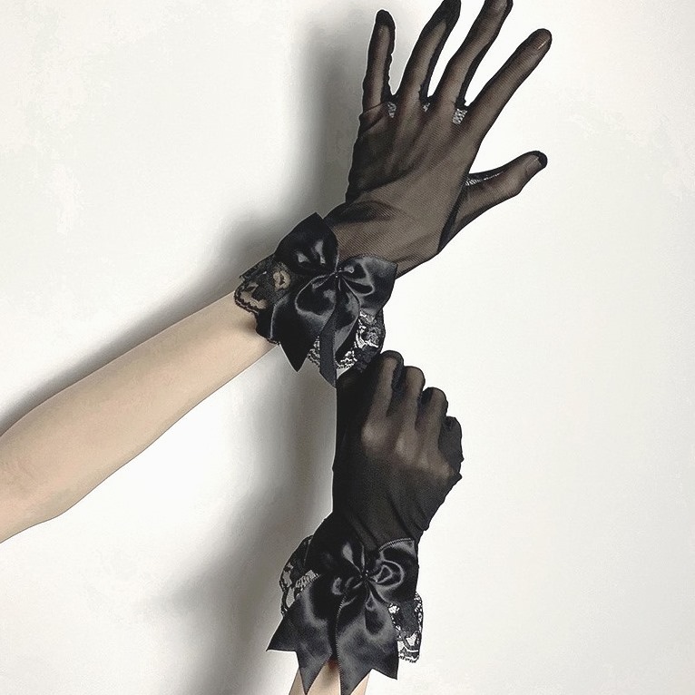 洛丽塔蕾丝花边黑色手套cos蝴蝶结赫本风礼仪黑色法式复古礼服潮