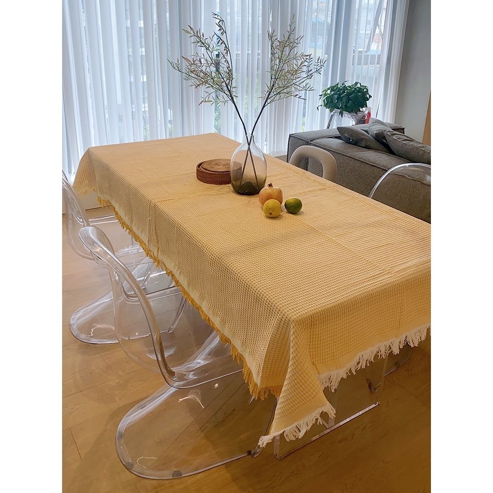 三人复古棉线长桌穗子法式桌布茶几布纯色野餐布沙发布万能盖布艺