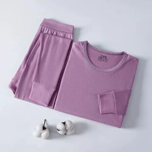 100%纯棉女士圆领秋衣秋裤套装全棉打底衫套装中老年薄款保暖内衣