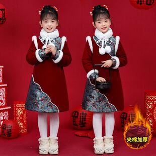 拜年服女童汉服冬装旗袍儿童国风加绒棉服外套宝宝新中式过年衣服