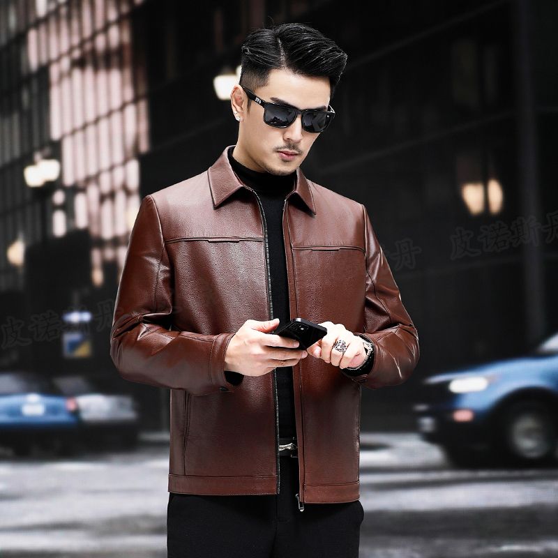 新款头层小牛皮翻领真皮皮衣男单皮短款轻商务修身拉链中青年外套