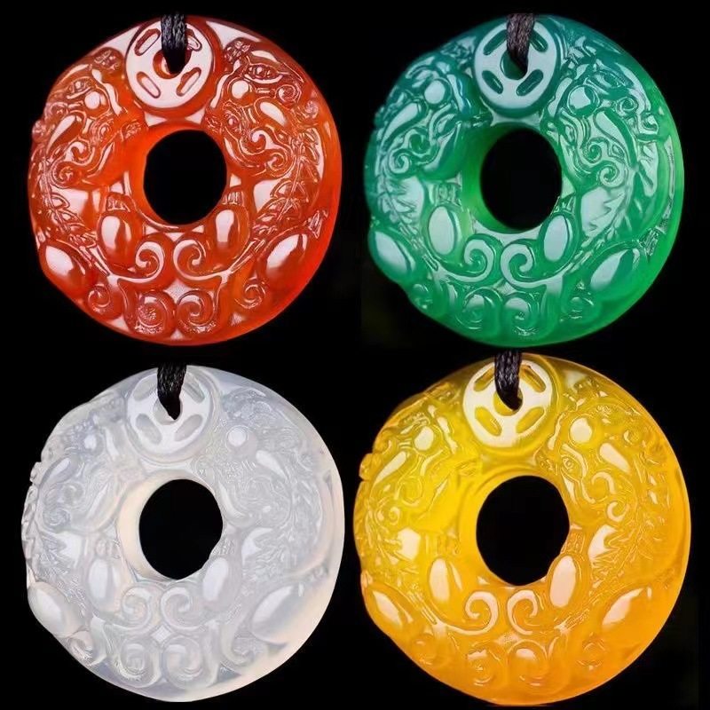 天然玛瑙双貔貅平安扣吊坠 冰种白绿黄玉髓貔貅扣男女款玉挂件