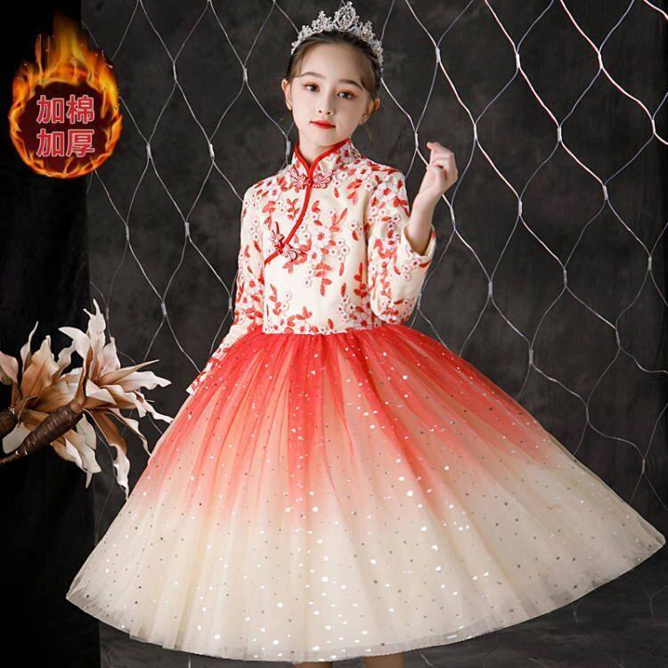 女童拜年服冬季中国风连衣裙小女孩婚礼裙儿童冬天礼服公主裙冬款