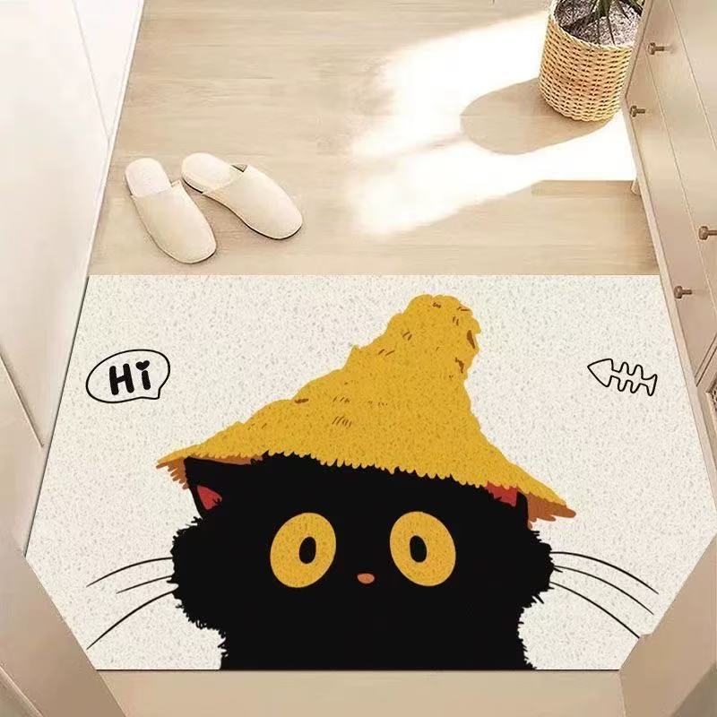 可爱黑色猫猫丝圈入户门垫创意文字玄关除尘可裁剪门口地垫超防滑