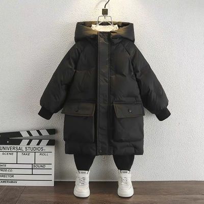 白鸭绒男童黑色羽绒服冬季2024新款小儿童男款洋气中长款宝宝加厚