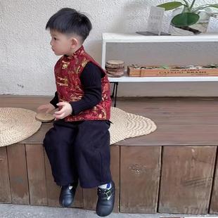 中式衣服男童拜年服男童汉服唐装马甲冬装儿童新中式红色夹棉背心