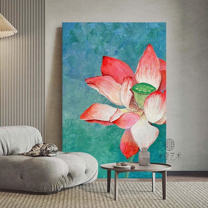 和气生财新中式手绘油画入户玄关抽象荷花装饰画和和美美客厅挂画