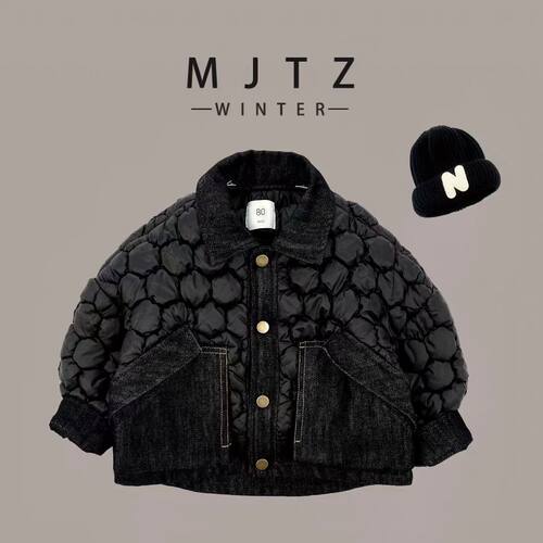 男童秋冬夹棉拼接牛仔外套2023儿童洋气秋装休闲薄棉衣男孩痞帅潮