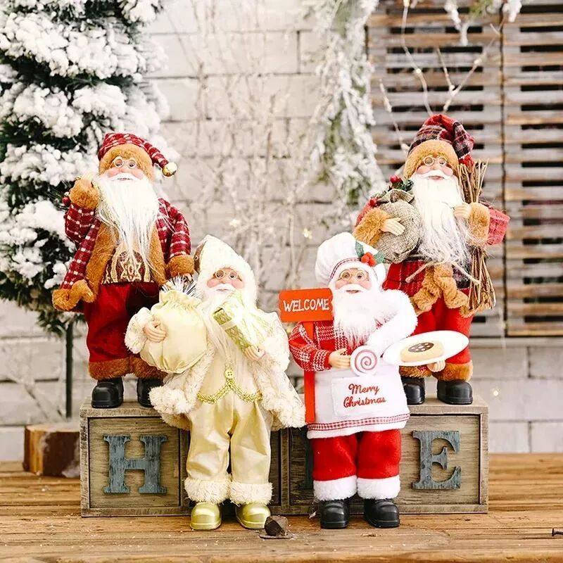 4PCS Plush Santa Doll Set Red Plaid White Fur Chef Hat Rusti