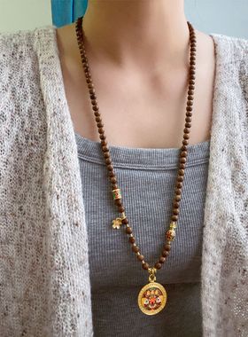 配毛线衣的项链古法金藏式扎基拉姆吊坠金丝檀木珠长款项链毛衣链