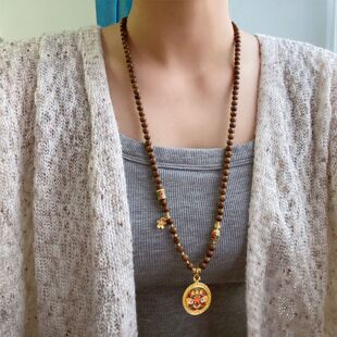 项链毛衣链 扎基拉姆吊坠金丝檀木珠长款 配毛线衣 项链古法金藏式