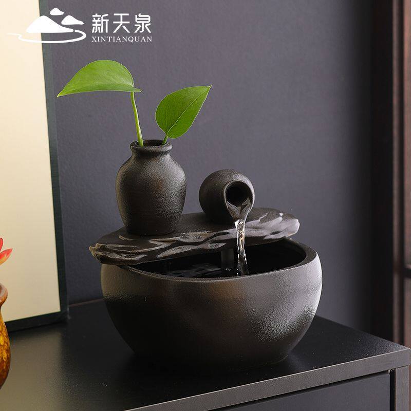 黑色陶瓷养鱼缸流水摆件小型流水器客厅循环水加湿办公室桌面装饰