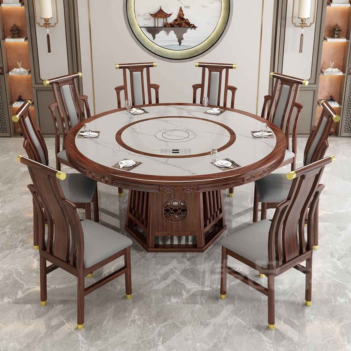 乌金木实木岩板餐桌新中式家用吃饭大圆桌带转盘酒店餐厅餐桌椅子