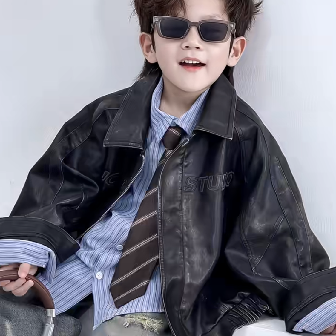 男童2025春秋装新品韩版PU皮衣儿童夹克复古机车宽松上衣外套
