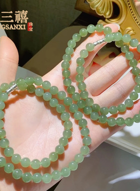 新疆和田玉青海料圆珠晴水项链妈妈链散珠8m女冰透湖水绿玉石