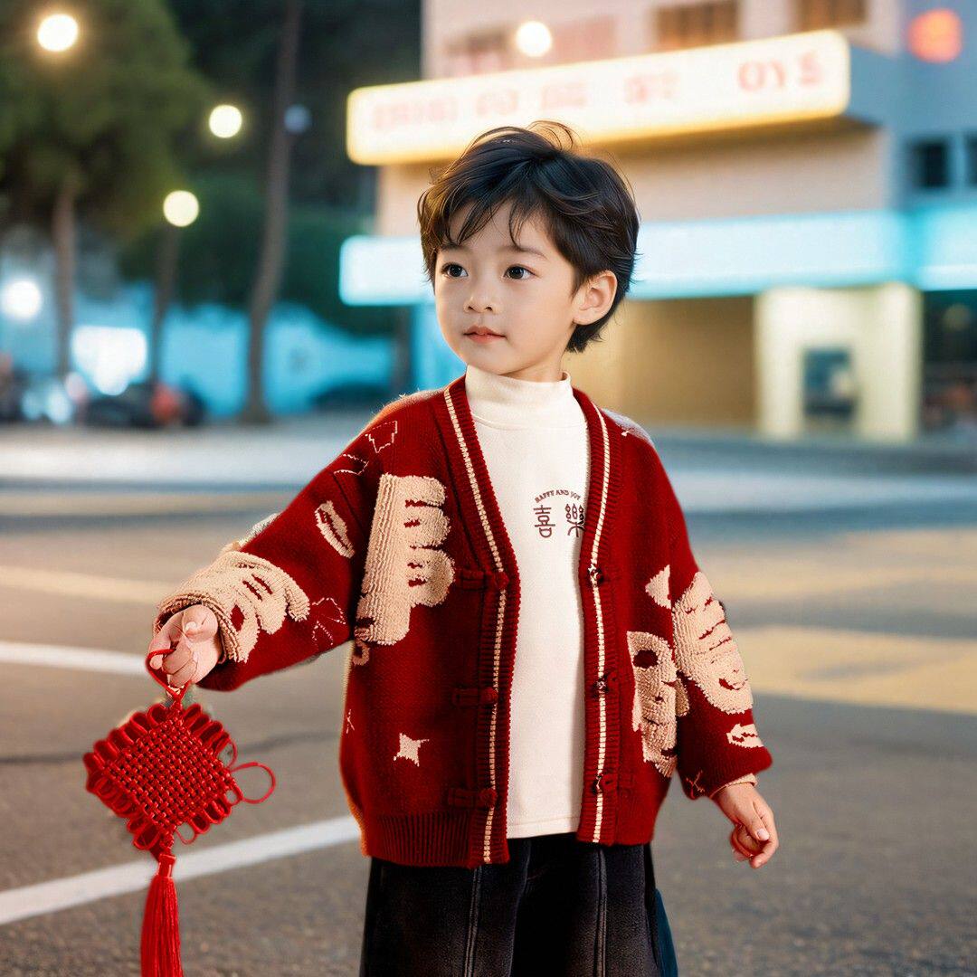 2025万事胜意新年拜年服男女童红色宝宝针织衫外套毛男童拜年服