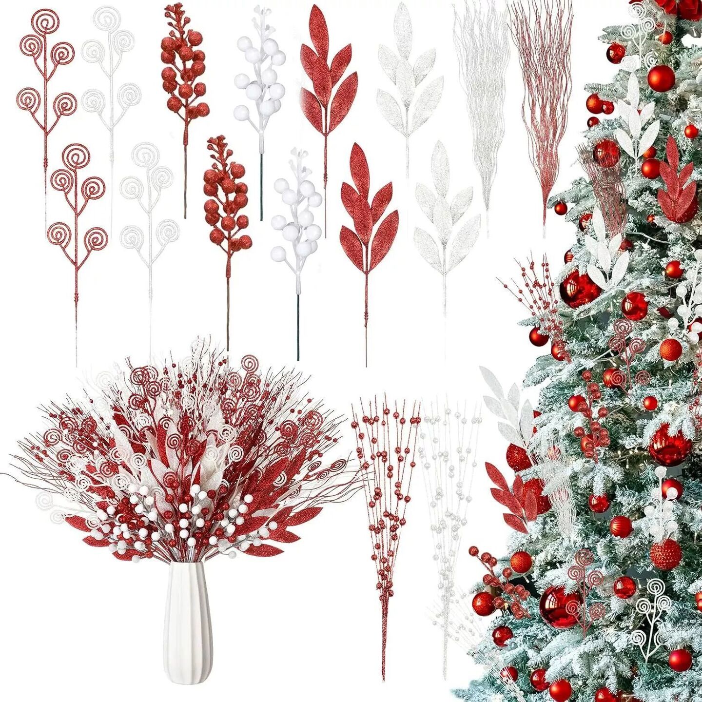 16Pcs Red White Artificial Flowers Berry Bouquet Christmas T