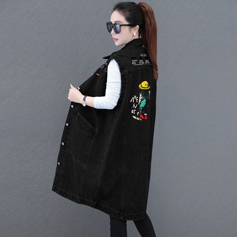 新款韩版百搭宽松大码牛仔马甲外套女刺绣POLO领无袖牛仔上衣背心