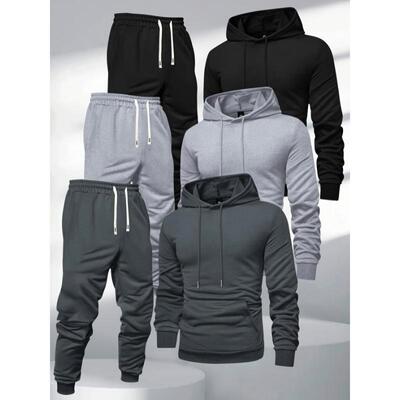 3pcs Men'S Hooded Sweatshirt and Joggers Set Polyester