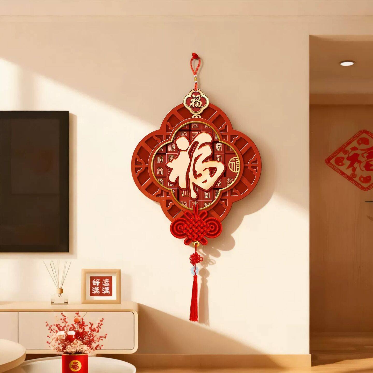 2026新款客厅中国结装饰画高级感福字挂件新年大红色入户玄关挂画,家居饰品,现代装饰画,淘宝优惠券,粉丝福利购,淘宝优惠卷
