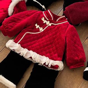 拜冬年服喜庆风幼童女童新年装套装洋气儿童红色加绒加厚复古中国