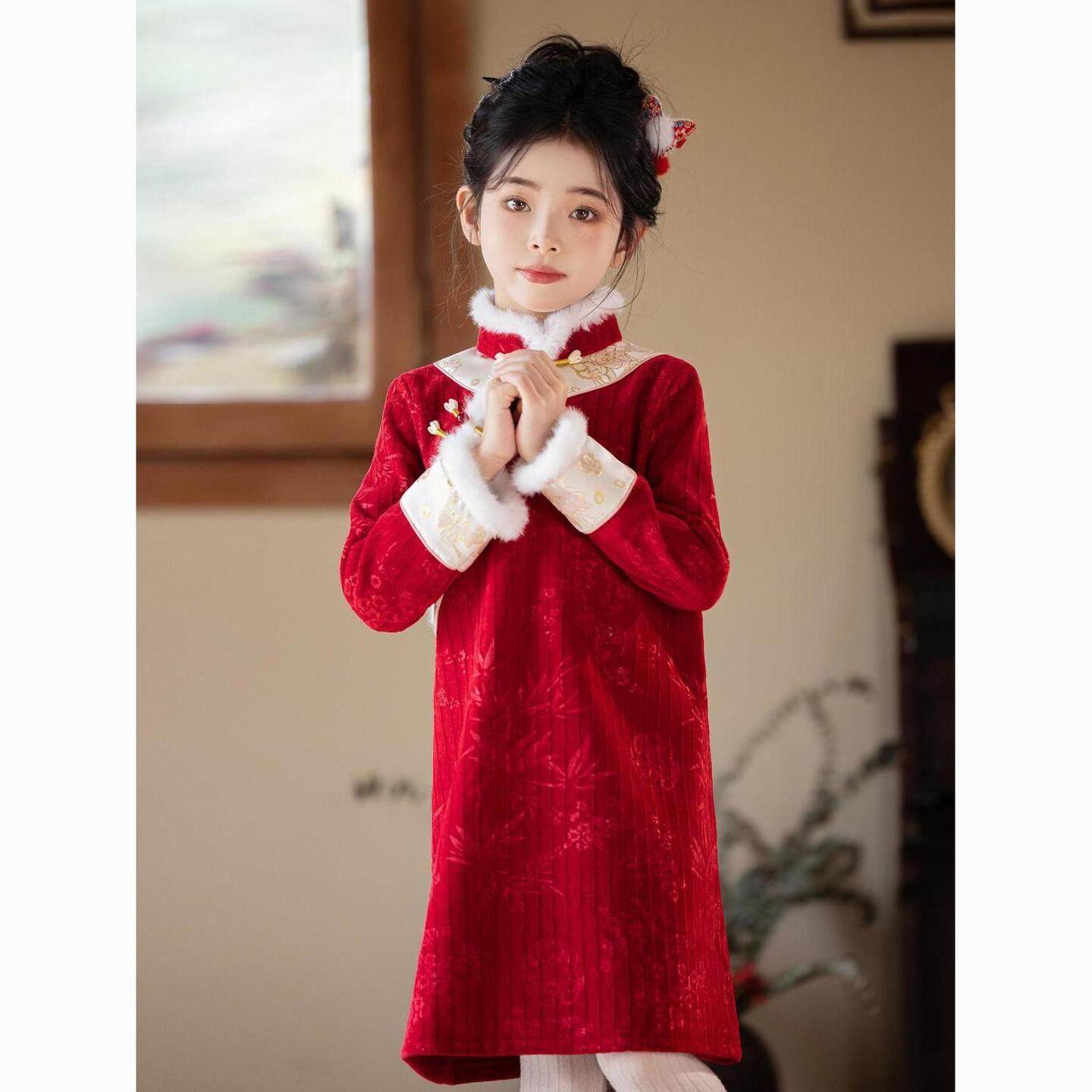 女童红色拜年服旗袍裙冬款长袖加绒唐装中国风女孩过年喜庆连衣裙