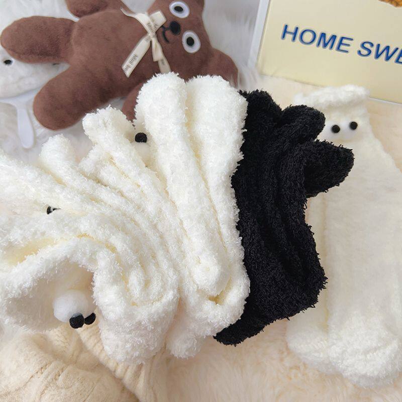 黑白可爱毛毛袜子女冬季毛绒中筒袜加绒加厚保暖珊瑚绒地板睡眠袜