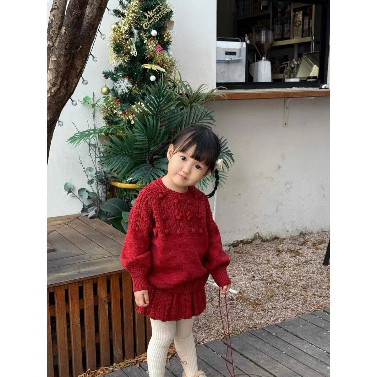 童装女童新年红色喜庆毛衣套装秋冬拜年服女宝宝毛钱针织衫百褶裙