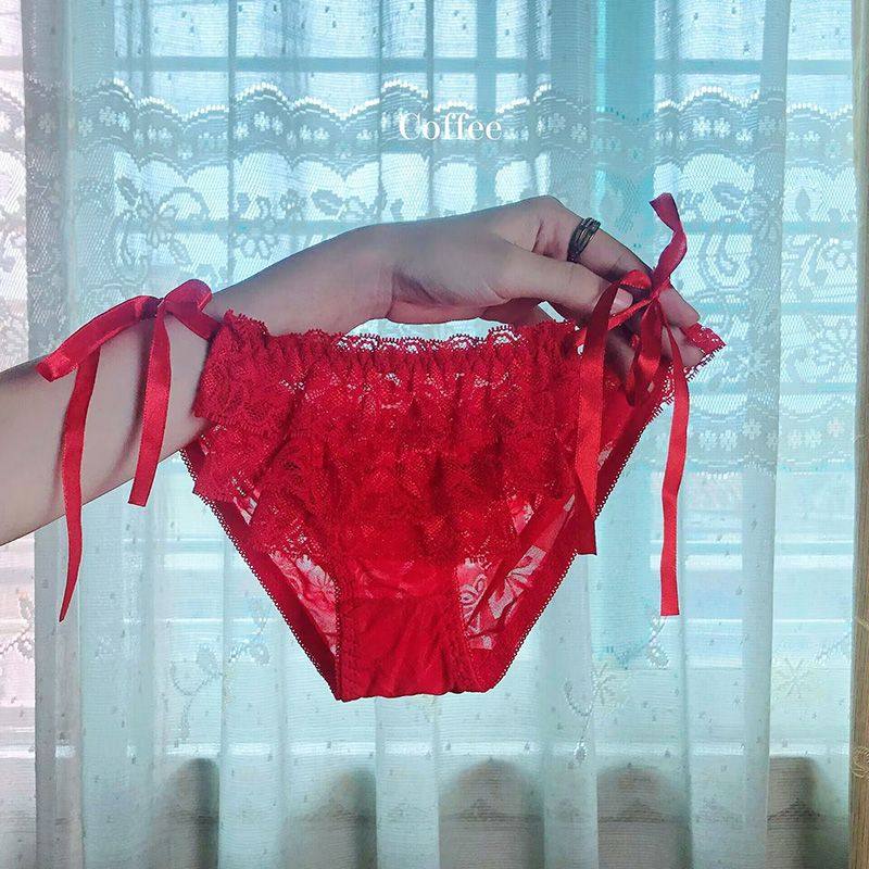 斩男系~纯欲性感蕾丝内裤少女刺绣透气镂空蝴蝶结学生系带三角裤i
