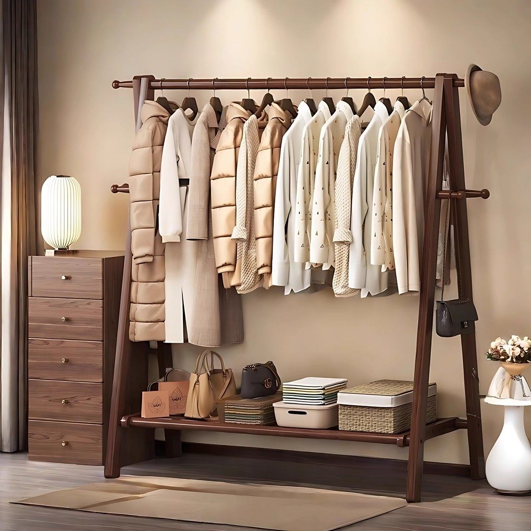 黑胡桃实木挂衣架落地卧室放脱下的衣服家庭客厅高级感折叠衣帽架
