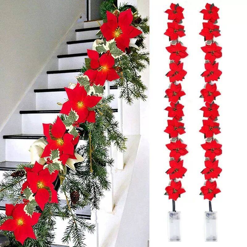 Poinsettia Christmas Flowers Garland String Lights Xmas Tree