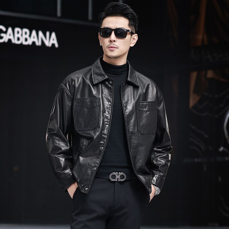 海宁真皮皮衣男宽松落肩头层小牛皮翻领时尚男士皮夹克春秋外套